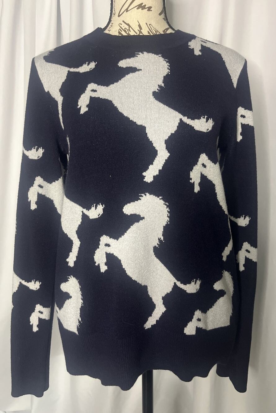 Free Assembly Navy Blue White Horse Intarsia Knit Crewneck Sweater Women's Small